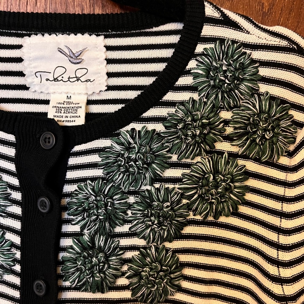 Anthropologie Black and White Striped Cardigan with Green Floral Embroidery